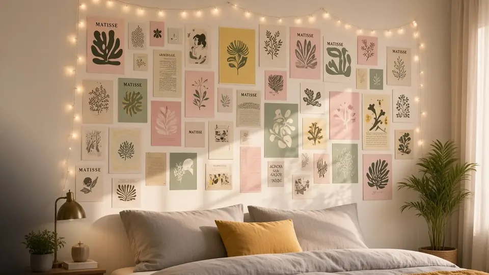 Bedroom styled with pastel wall art and string lights